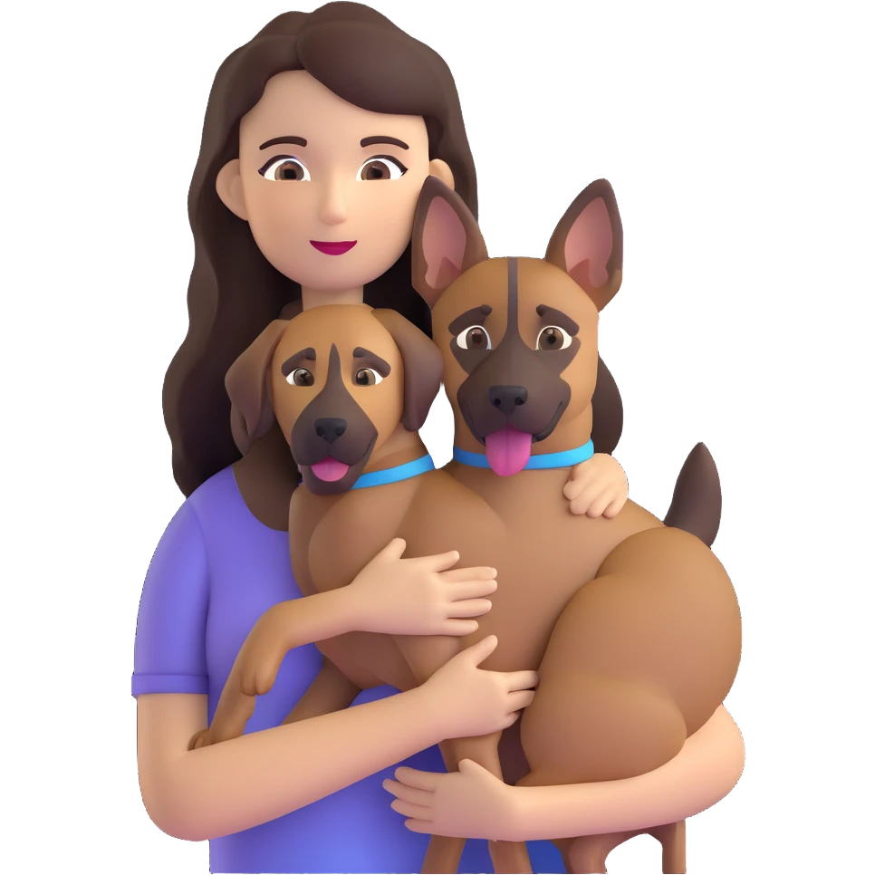 woman with long dark brown hair holding a Malinois dog in her arms emoji