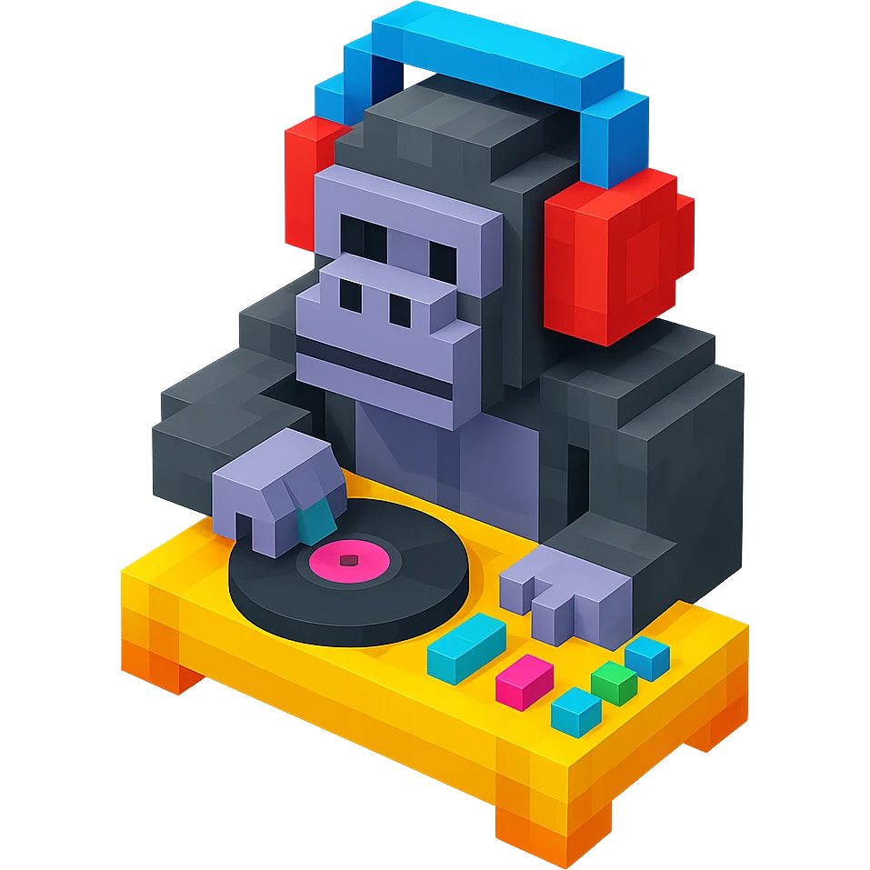 voxel style gorilla DJ with headphones and turntable, isometric view emoji