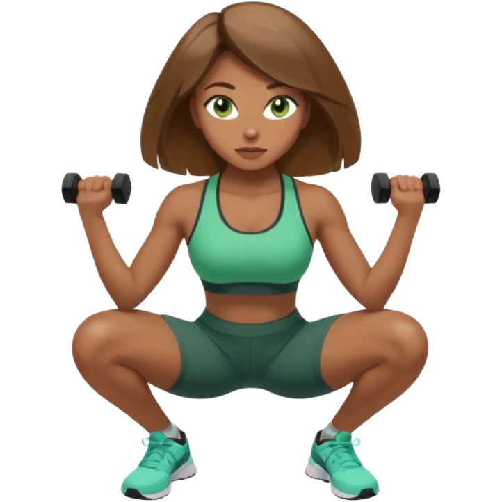 Beautiful woman with light brown shoulder length hair popping a squat without any weights. Make her with a little lighter, brown hair and green eyes emoji