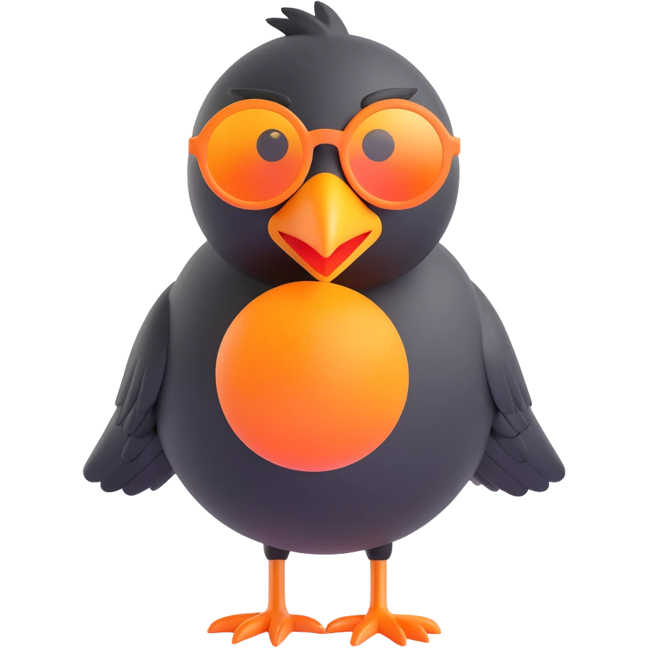 cartoonish 3D emoji of a black bird with a large orange beak and oversized round sunglasses, standing in the same pose as the reference image emoji