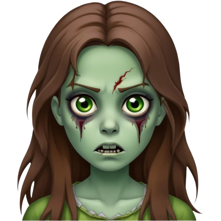 Girl zombie with long brown hair, green skin, black eyes with dark circles, and frightening expression emoji