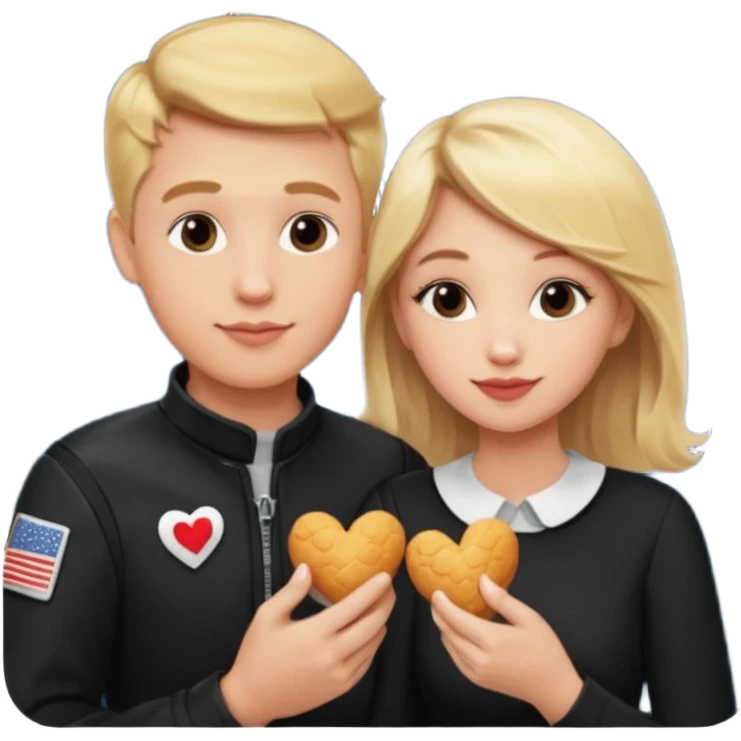 Couple with blonde hair wearing black eating chick filet hearts and outer space in the background  emoji