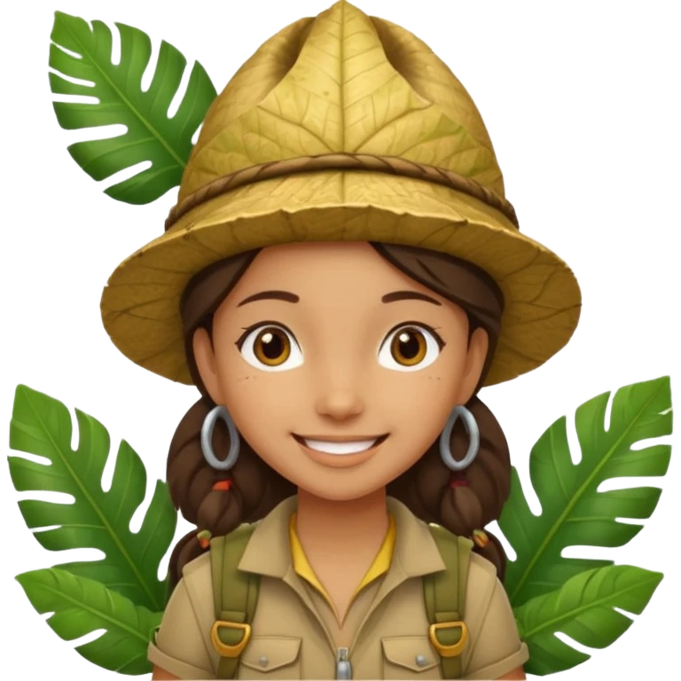 a girl explorer with jungle wearing a large leaf headgear bye  emoji