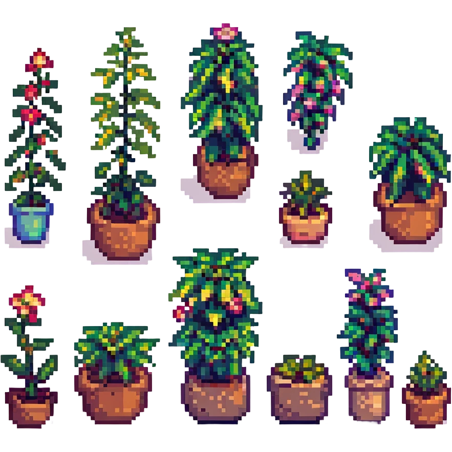 a row of four coquette pink pixel art plants, each plant with a cute and flirty expression emoji