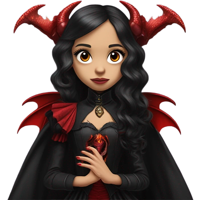 surprised Lavish Victorian black evening gown with see-through gloves, Jenna Ortega as Addams girl Jedi wearing a steampunk mini tiara, very large blood red evil-looking horned dragon emoji