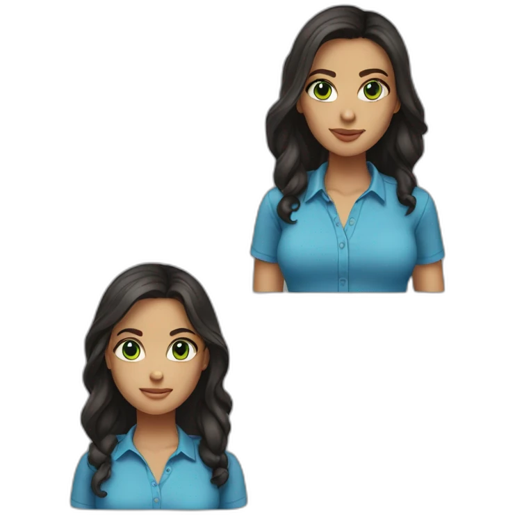 tall girl with dark long hair, green eyes, blue shirt emoji