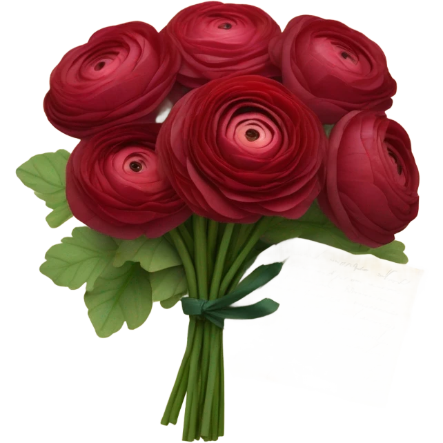 A bouquet of ruby-red ranunculus tied with a velvet ribbon and an old love letter emoji
