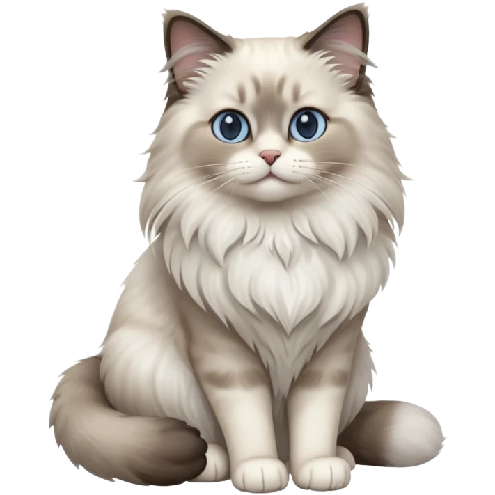 cinematic-[Ragdoll cat]-realistic-full-body-sitting-emoji,-tail-curled-playfully-around-its-paws,-head-tilted-dramatically,-fluffy-[grey ragdoll cat]-fur,-simplified-yet-realistic-focused-features,-highly-detailed,-glowing-with-an-almost-sarcastic-glow emoji
