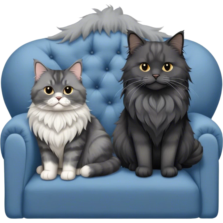 A large black smoke Maine Coon cat with long grey ear tufts and a fluffy grey ruff, sitting next to a chubby British Shorthair cat in blue color with plush fur, both sitting comfortably on a sofa. Beautiful room background with flowers and soft lighting. Transparent background. emoji