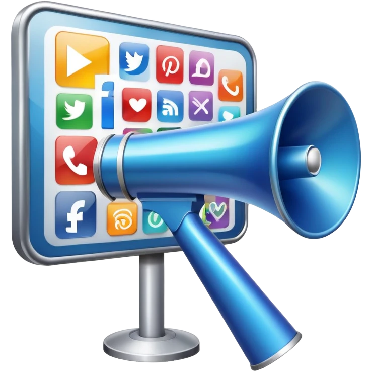 An icon featuring a megaphone, a billboard, and social media icons, symbolizing advertising and public relations. The design includes a press release and a rising graph, representing brand promotion and communication strategies. Transparent background highlights media influence and outreach. emoji