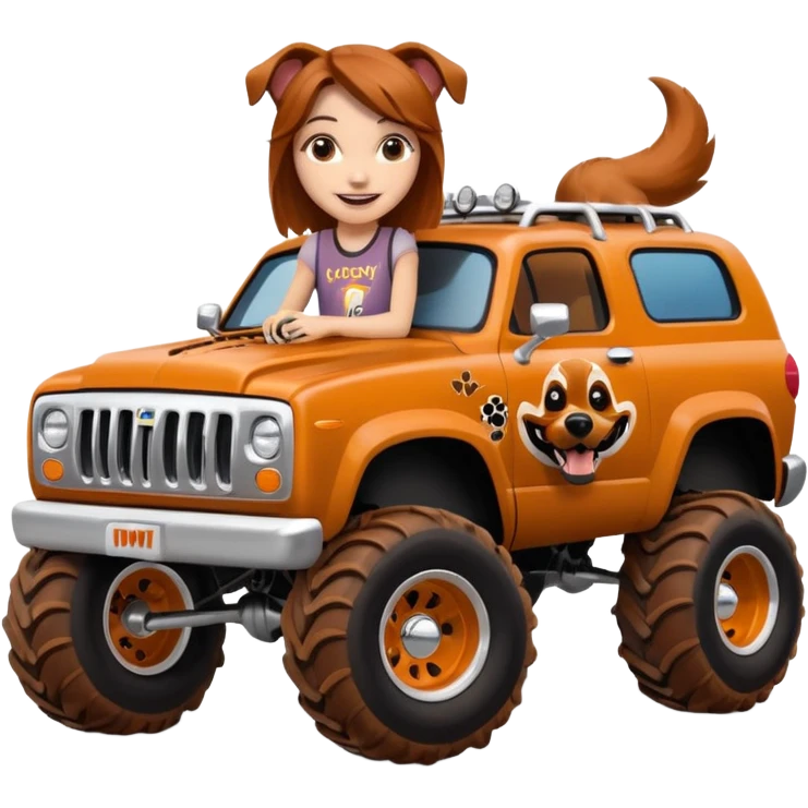 1 girl Monster Mutt - Monster Jam (Model Year: 2021) (Iconic colour: Brown with dog features) - A unique monster truck with playful, dog-inspired design cues. The vehicle is painted. emoji