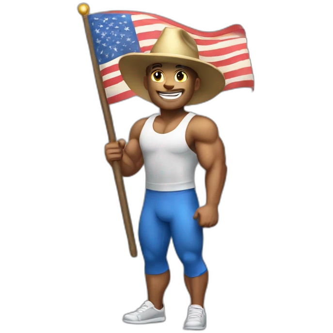 Create a full-body emoji of a muscular man, wearing a New Year's hat and holding a flag. emoji