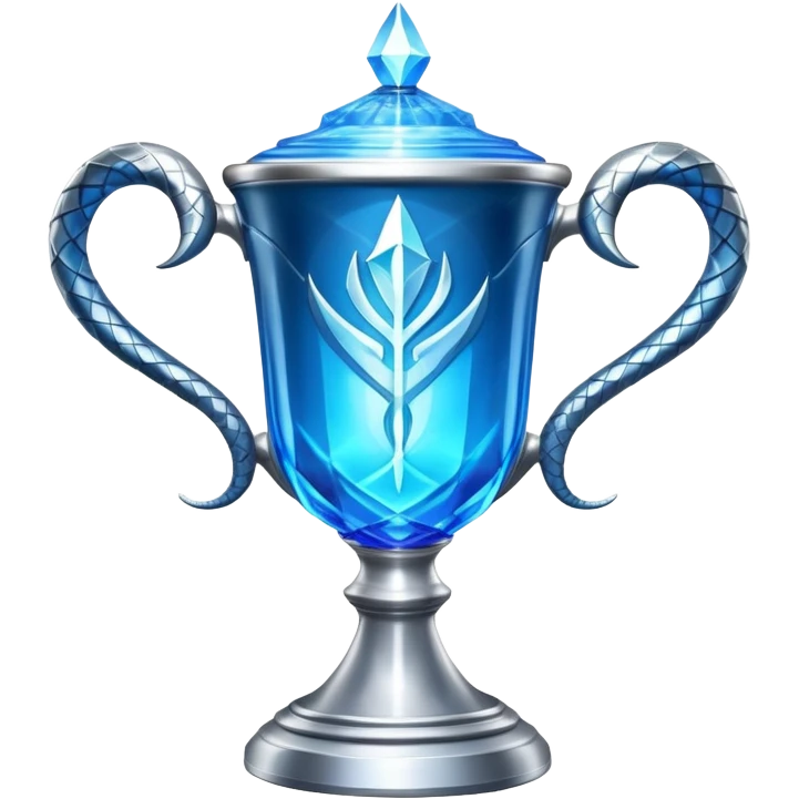 exact movie-accurate Triwizard Cup from Harry Potter, wide chalice with angular facets, two distinct silver snake handles curving upward, bright blue glow inside emoji