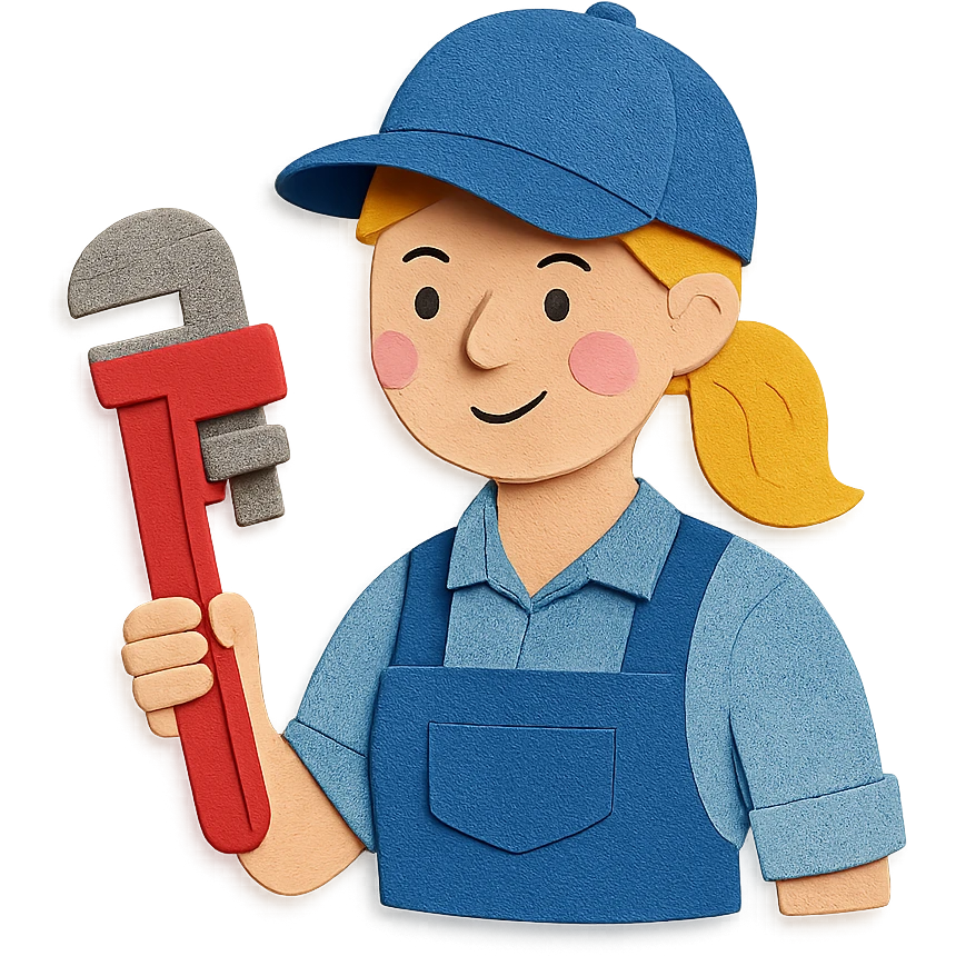 female plumber, woman plumber made of layered paper, holding a pipe wrench emoji