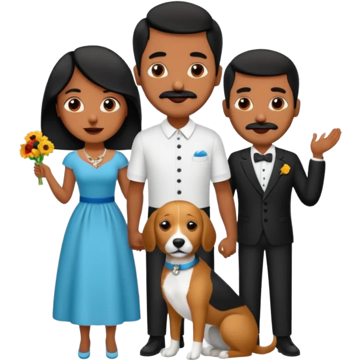 Pareja de novios, pelo negro ambos, y con dos perritos pincher en brazos, el hombre sin bigote y la mujer con pelo largo emoji