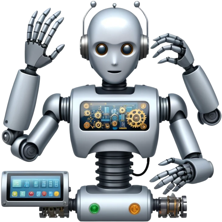 An icon featuring a humanoid robot assembling parts with robotic arms, surrounded by gears, circuit boards, and sensors, symbolizing robotics. The design includes a control panel and AI interface, representing automation, engineering, and innovation. Transparent background. emoji