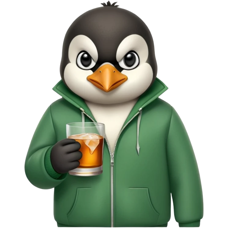 head and shoulders portrait of a friendly anthropomorphised penguin wearing a green mafia-style tracksuit, angry intense brooding expression, holding a glass of whiskey emoji