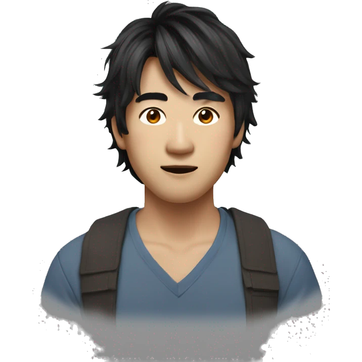 asian man, Medium-length layered, hairstyle with side-swept bangs, Messy, textured hair with natural volume emoji