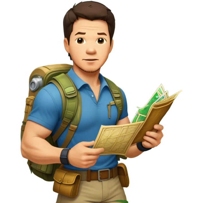 Icon for Adventure Movie: Mark Wahlberg in a jungle setting, holding a treasure map and surrounded by adventure gear. Behind him, ancient ruins rise through the dense foliage. Exciting, action-packed atmosphere with vivid jungle details. Transparent background. emoji