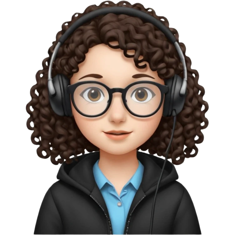 brunette kid with unique face features and very curly long hair kid girl neutral and big glasess and big nose and dark eyes with freckles kind of nerd looking and headphone wearing emoji