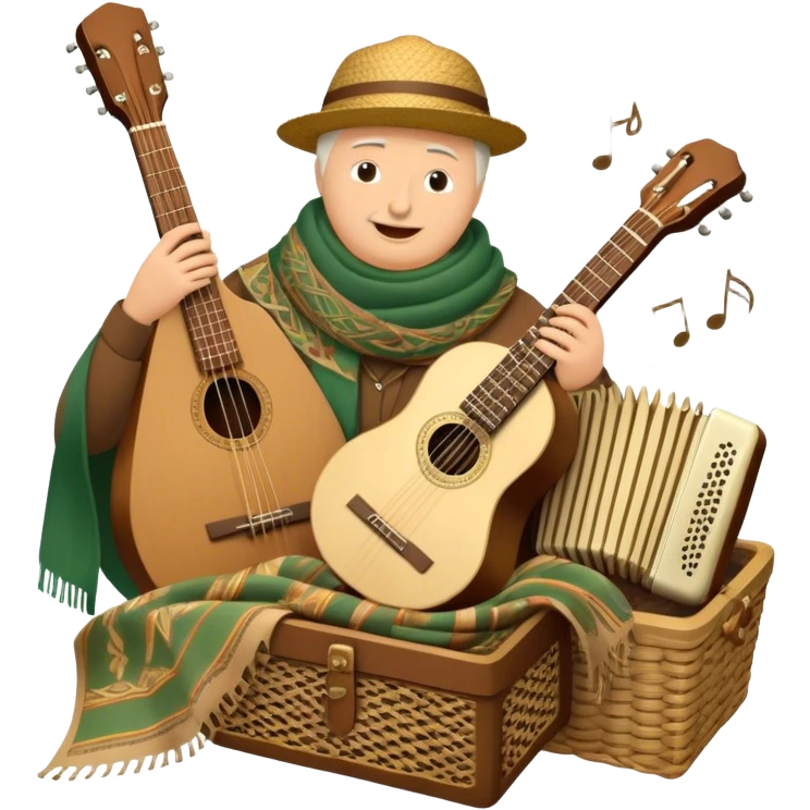 Create a warm and rustic emoji representing folk singing, using a humanless collage. The design should feature traditional folk instruments such as a balalaika, domra, or accordion, arranged around a vintage microphone to evoke a sense of community and storytelling. Include elements like a woven basket, traditional scarves, or musical notes to symbolize the connection to nature and heritage. Use earthy tones like brown, green, and gold, with subtle accents to emphasize the folk style. The background should be transparent. emoji