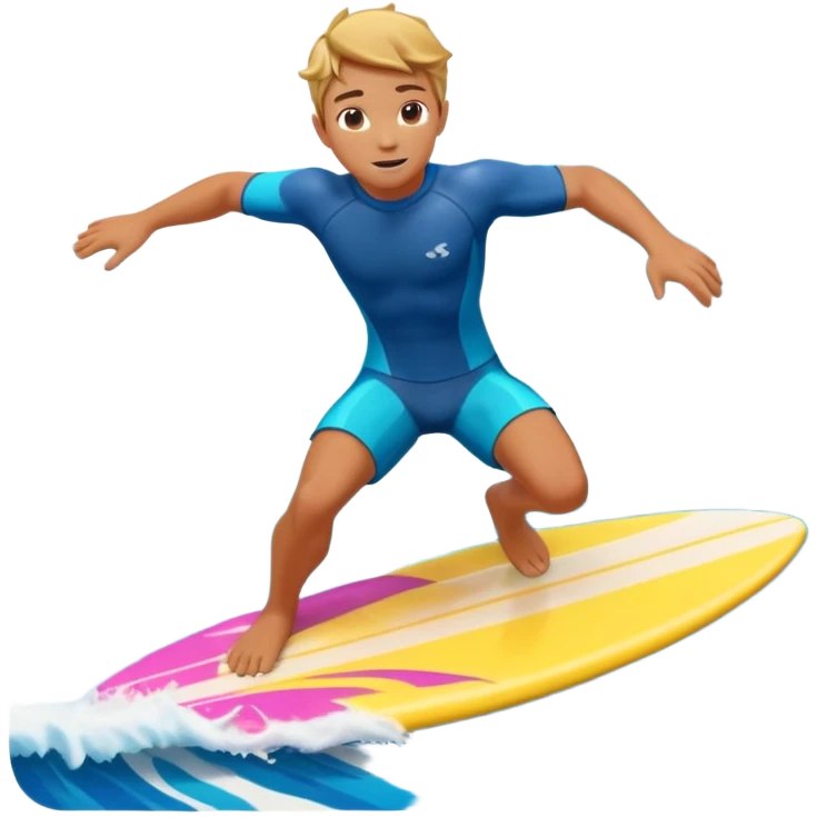 cute surfer riding big ocean waves, dynamic action pose, splash water, colorful surfboard, tropical vibe, 3D cartoon, mobile game icon style, bright colors, soft shadows, clean background, no text, no watermark emoji