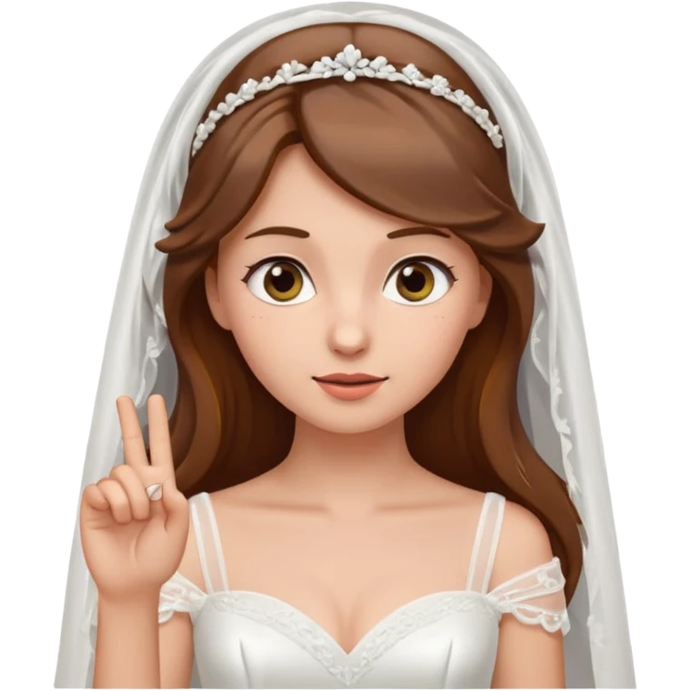 brown-haired bride in a white wedding dress and veil, curious expression, pointing to her head with her index finger, cute emoji style. emoji