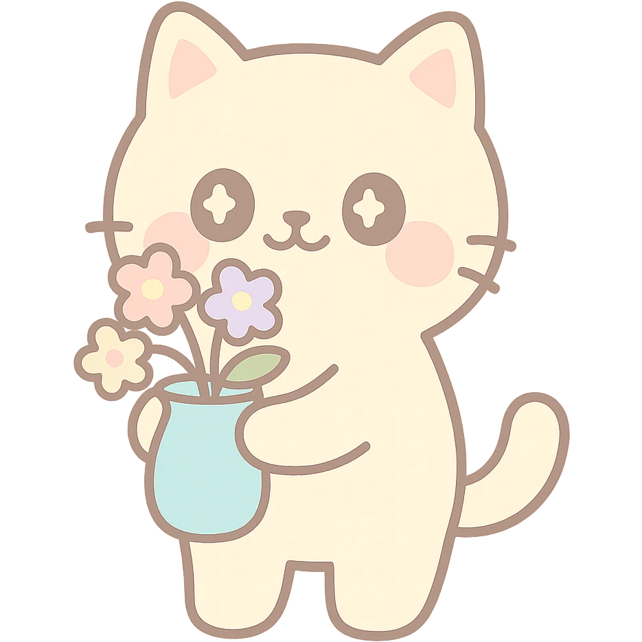A cute cat holding a vase with flowers, with the text "Have a Beautiful Day". The scene should be warm and inviting, with soft colors and a friendly atmosphere. emoji