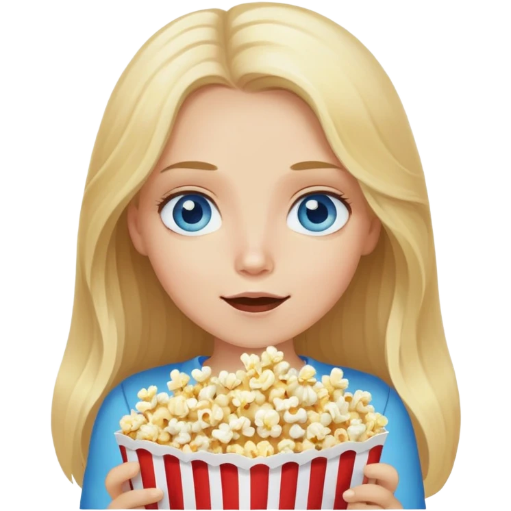 Caucasian girl with long blond hair, blue eyes eating popcorn emoji