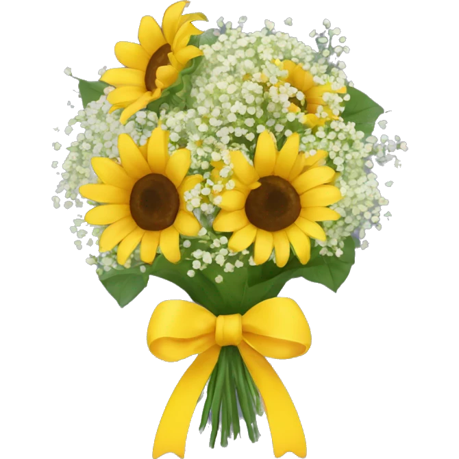 Bouquet of babies breath and sunflowers with a yellow bow wrapped around it emoji
