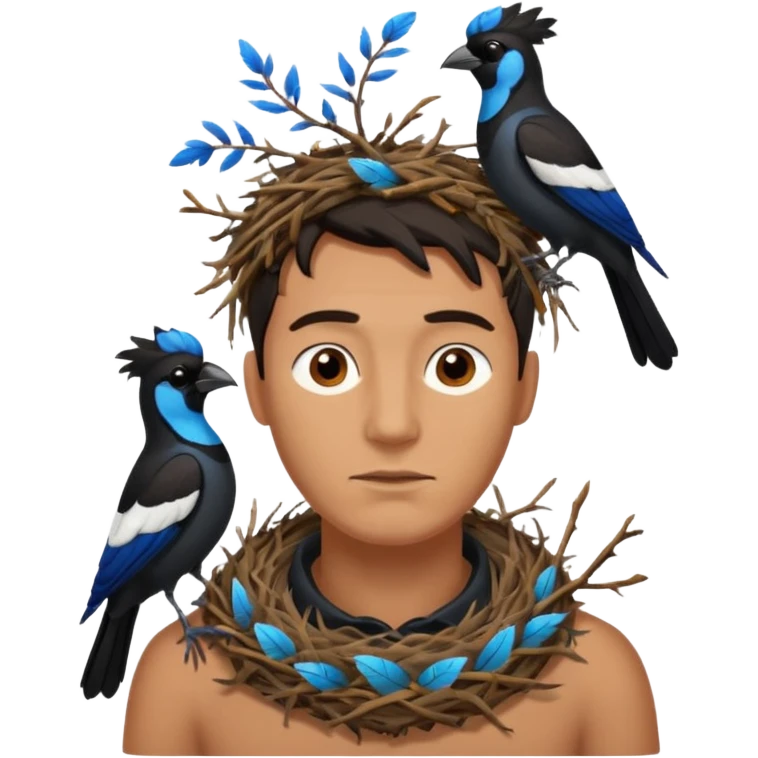A man who has a magpie birds nest on top of his head for hair emoji