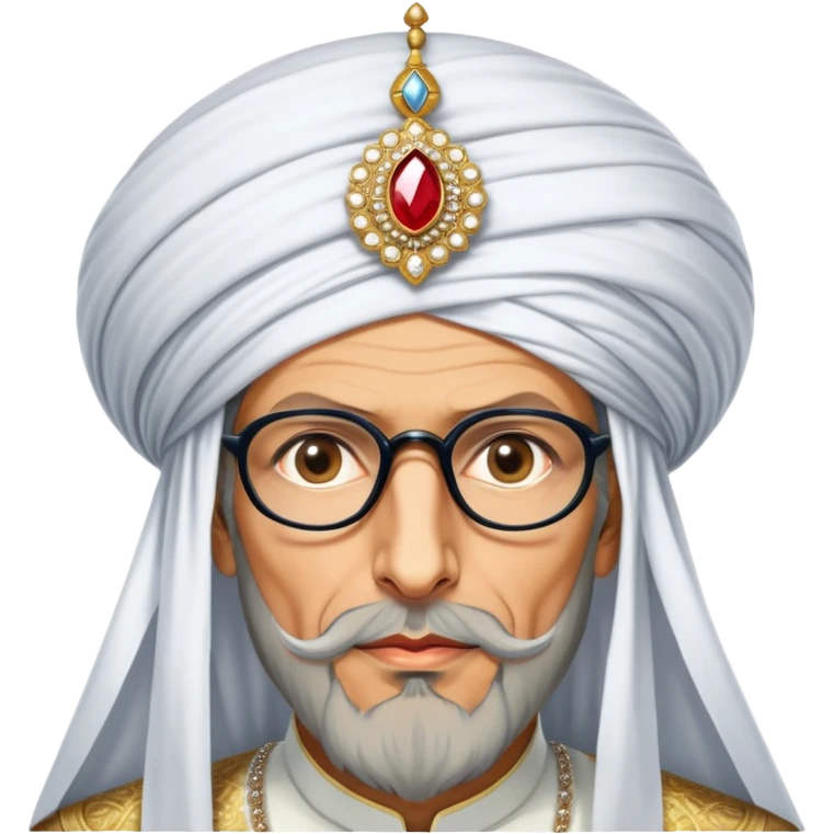 Jeff Goldblum no glasses as a regal portrait dressed as suleiman-the-magnificent,-depicted-as-a-regal-ottoman-sultan-adorned-with-a-large,-white,-round,-tall-turban-and-a-majestic-grey-beard,-his-commanding-gaze-bathed-in-warm,-historic-lighting-that-exudes-timel emoji