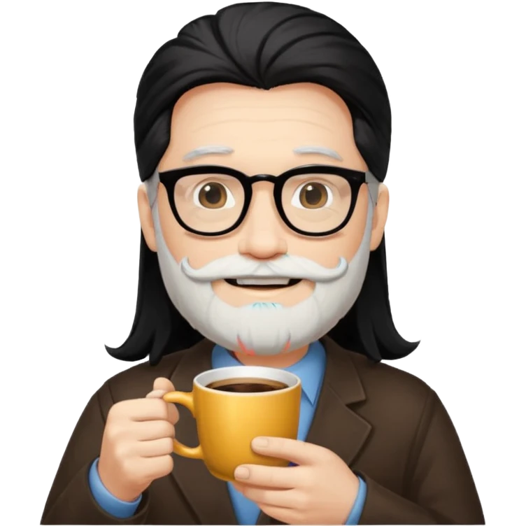 men with white bearded long black hair  with opticals  on holding coffee emoji