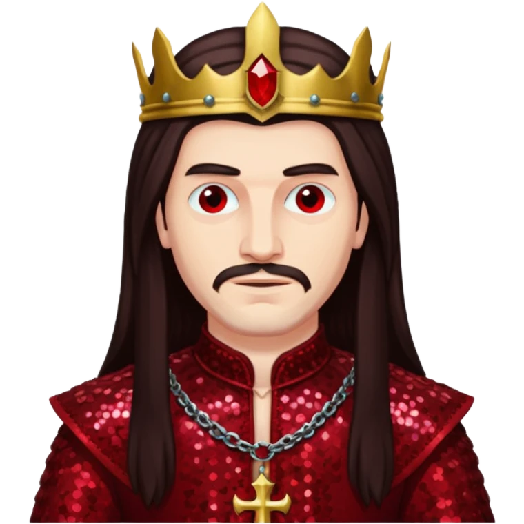 Vlad Tepes with long dark brown hair, dark red sequin outfit emoji