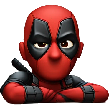 Cute Deadpool sitting at a desk, front view emoji