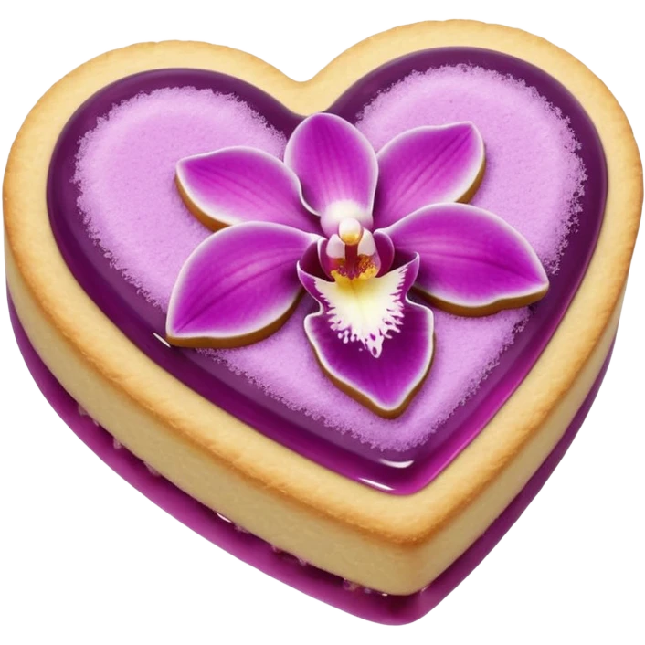 Realistic shortbread cookie in the shape of a heart with orchid color jelly middle filling and sprinkled powder sugar on top. emoji