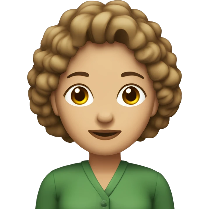 Mujer de mediana edad con pelo rizado corto de color castaño claro. Es de piel clara con ojos verdes. emoji