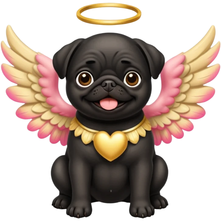 Black pug with big fluffy cream colored angel wings with gold dust on them emoji