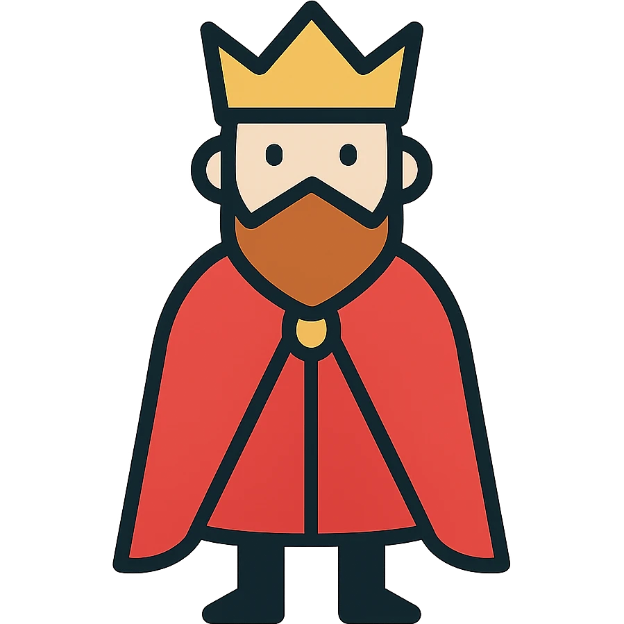 Minimalist red king with simple crown and royal cape, RPG style. Clean outline art with minimal details. Fantasy monarch character. emoji