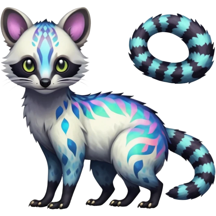 Rare iridescent white exotic epic aesthetic colorful Trico-Civet-species-Fakemon-hybrid-creature, with intricate tattoo markings, full body emoji