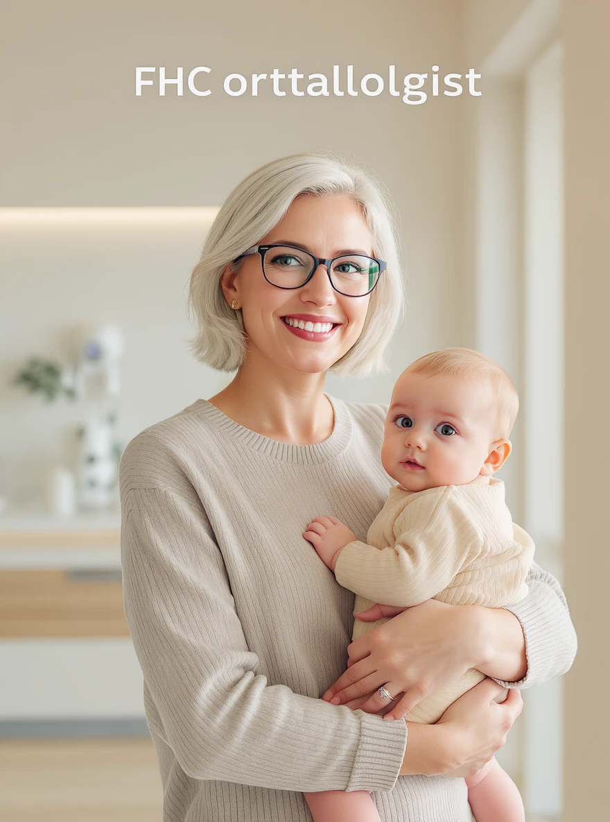 Cinematic still, Proffesional advertising of a smiling european white woman with glasses smiling holding baby, minimalistic ophthalmologist interior in background, leading  lines, "rule of thirds", 60/30/10 colors, soft light, warm colors emoji