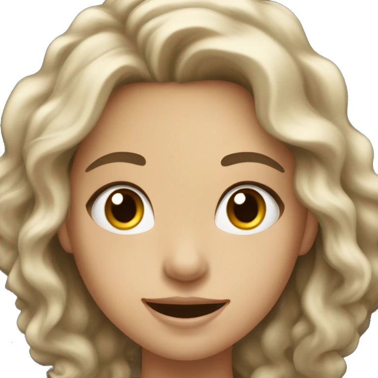 a girl with light skin, wavy chatain hair and grey eyes who is happy and look at here computer like a winner emoji