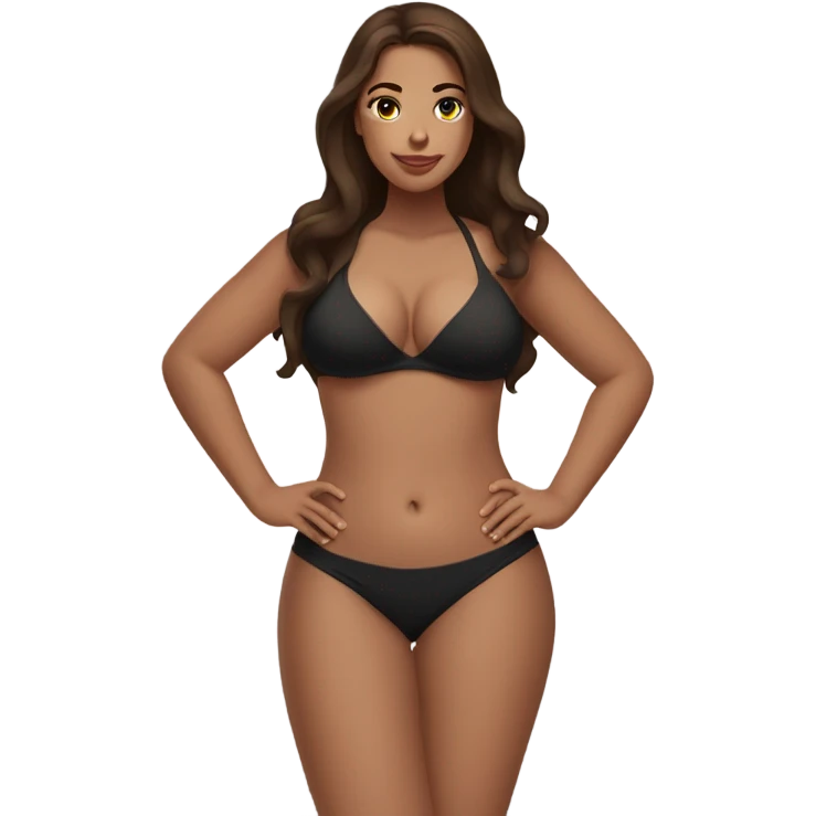Curvy brunette woman in black bikini with long brown hair
Brown eyes emoji