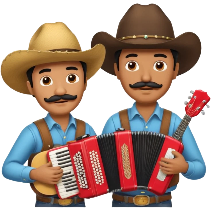 Man with black mustache wearing a cowboy hat playing the accordion, next to a man with a black mustache, wearing a cowboy hat, playing the guitar  emoji