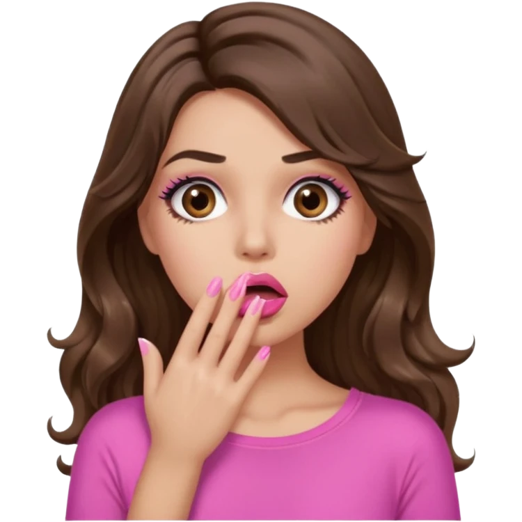girl with long wavy brown hair, brown eyes, long lashes makeup, sexy pink lips, light to medium complexion, pink sexy top, shocked, hand covering mouth emoji