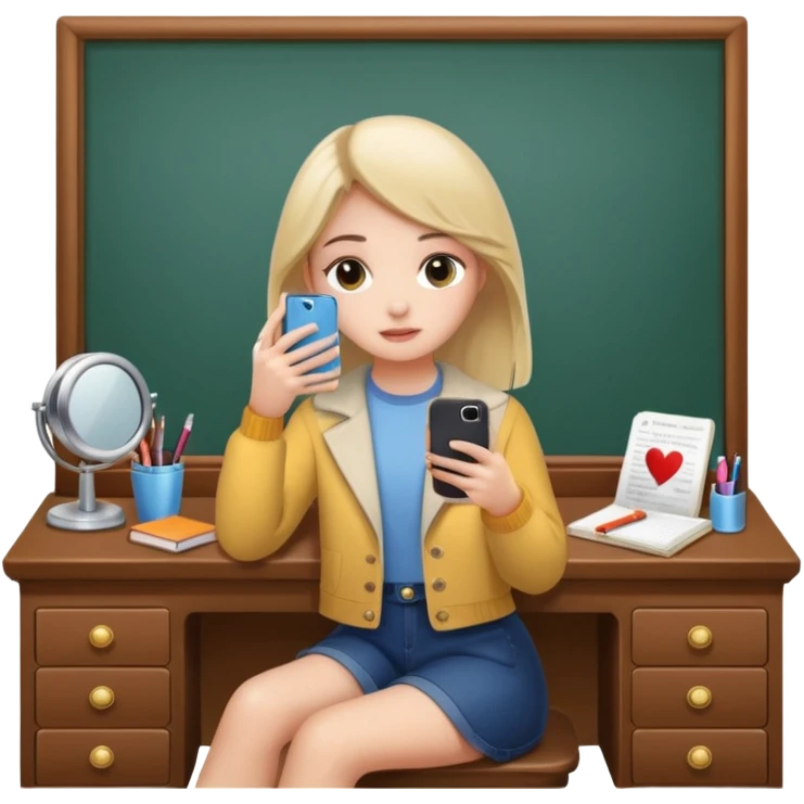 Girl sitting at vanity taking out picture with iphone 15 plus and study materials on the vanity emoji