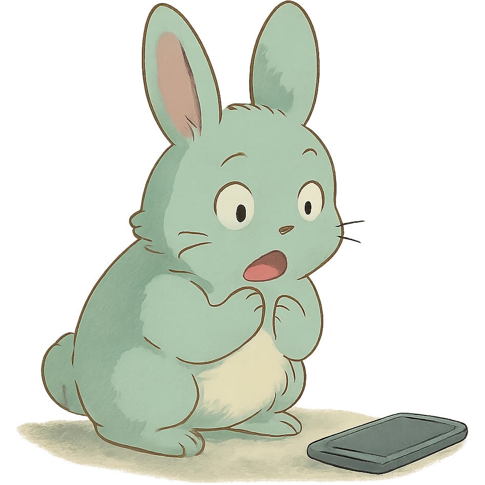 mint bunny shocked looking at phone on ground, soft ghibli style emoji