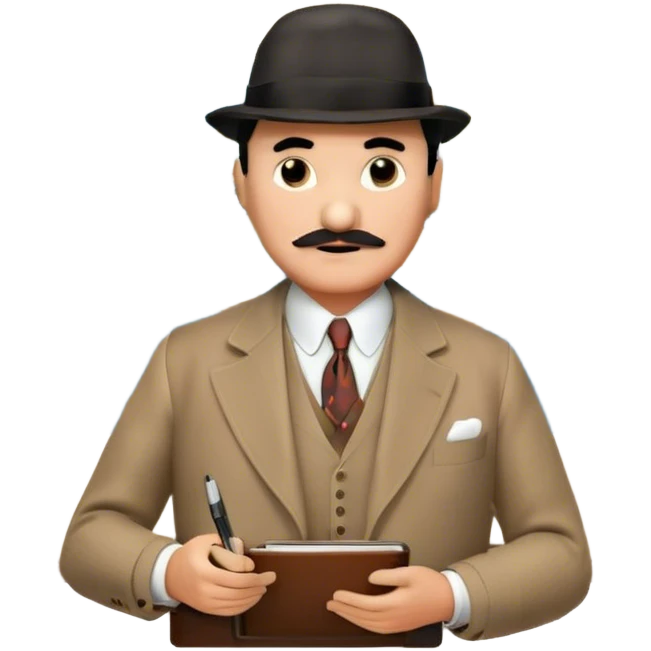 A cinematic-style frame showing Hercule Poirot in his iconic suit with a notebook in a dramatic detective pose. Background should be mysterious city, map, a board with photos of suspects, clues like fingerprints. Transparent background. emoji