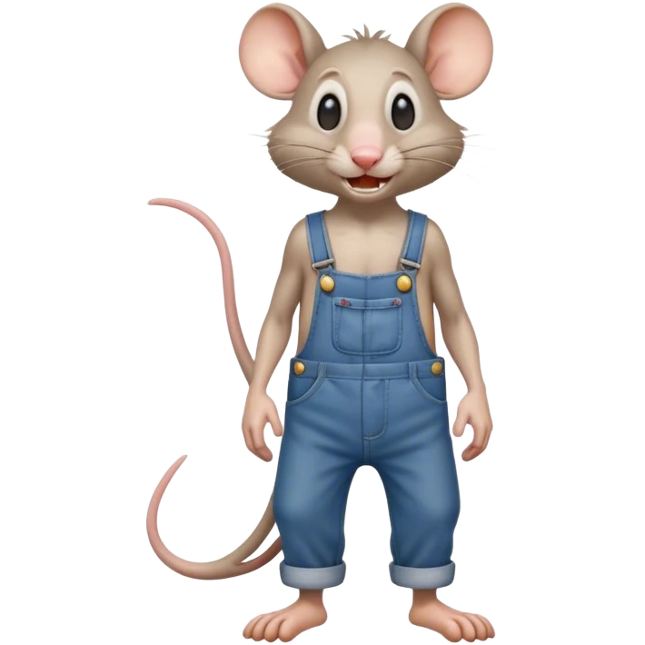 cartoonish skinny drunk hillbilly rat wearing overalls no shirt. standing and talking full body. human eyes. teeth showing emoji