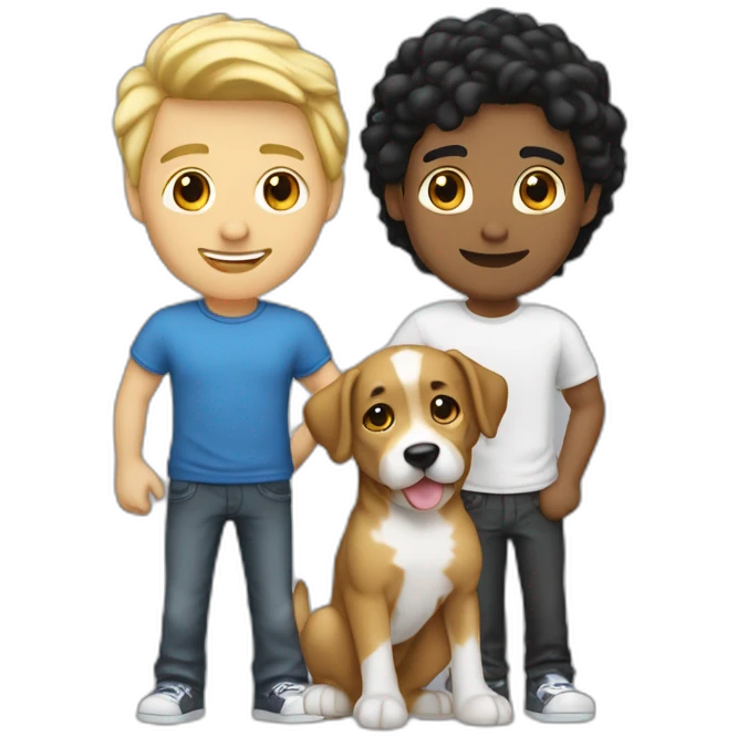 gay-couple,-1-guy-latino-black-straight-black-hair-and-1-australian-white-guy-with-blonde-slightly-curly-hair-holding-a-dog emoji